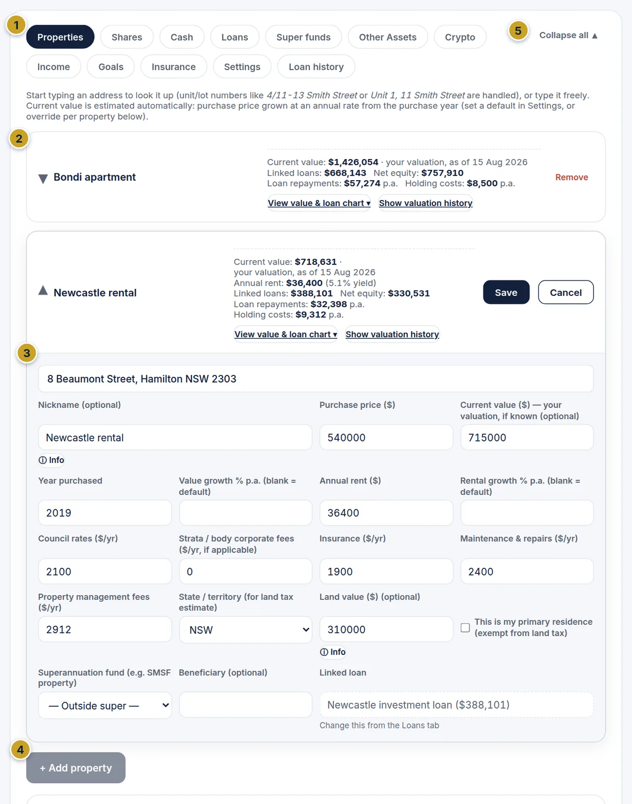 The Properties tab with one property collapsed and one expanded to show its details, plus the Add property button.