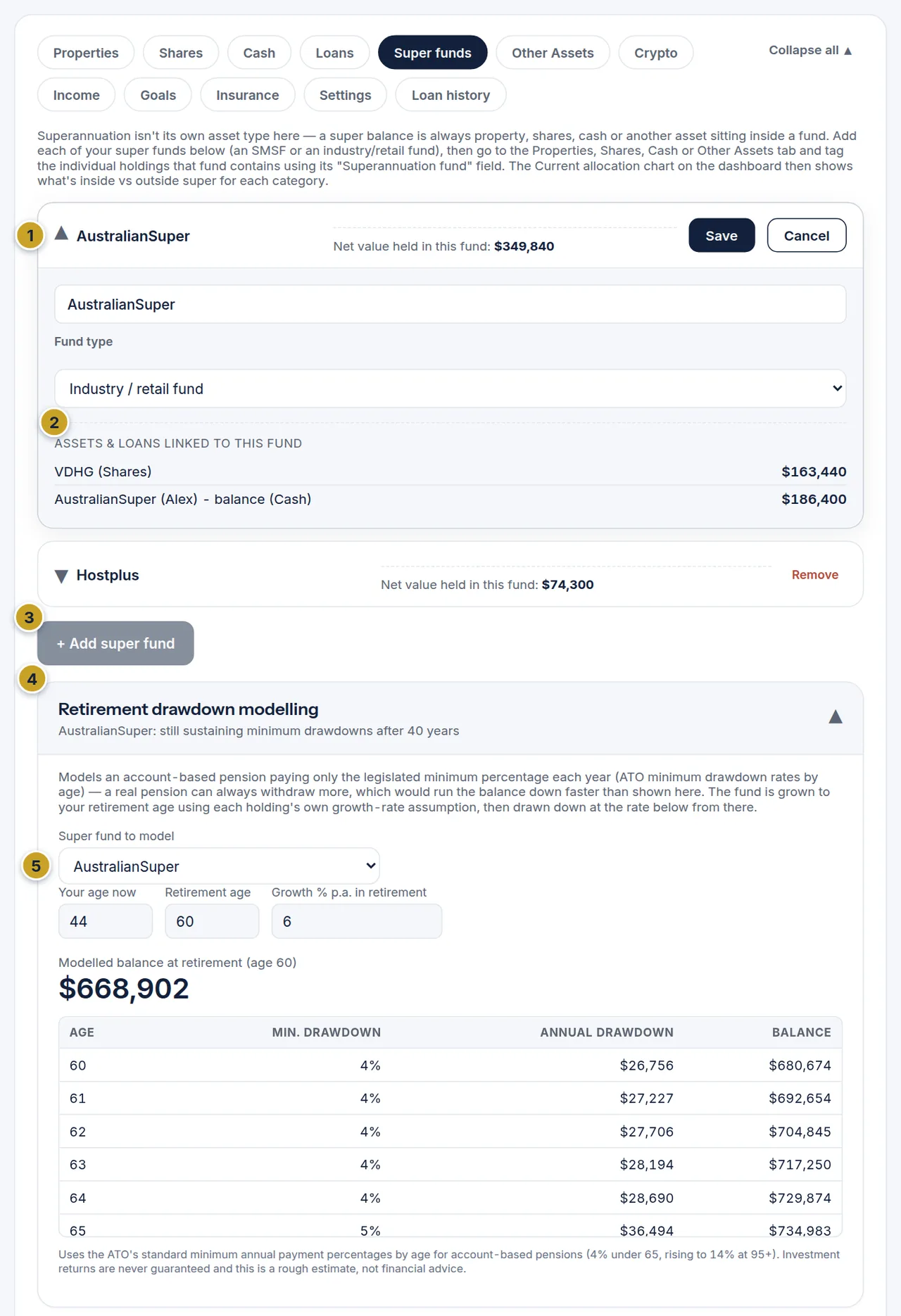 The Super funds tab with AustralianSuper open showing the holdings tagged to it, and the Retirement drawdown modelling panel expanded below.