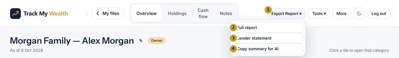 The Export Report drop-down open at the top of a wealth file, offering Full report, Lender statement and Copy summary for AI.