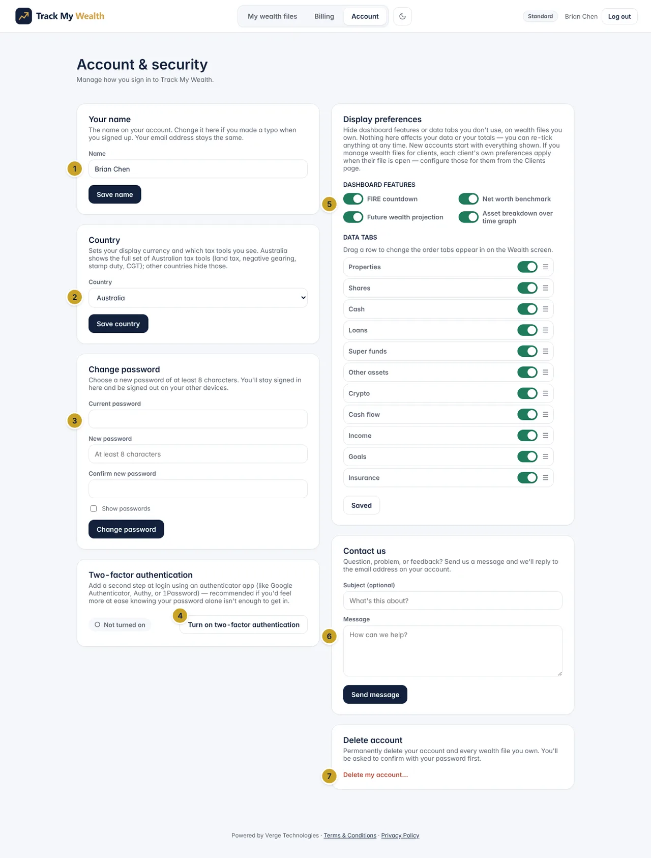 The Account page for Brian Chen with the Your name, Country, Change password and two-factor authentication cards, Display preferences, the Contact us form and the Delete my account link.
