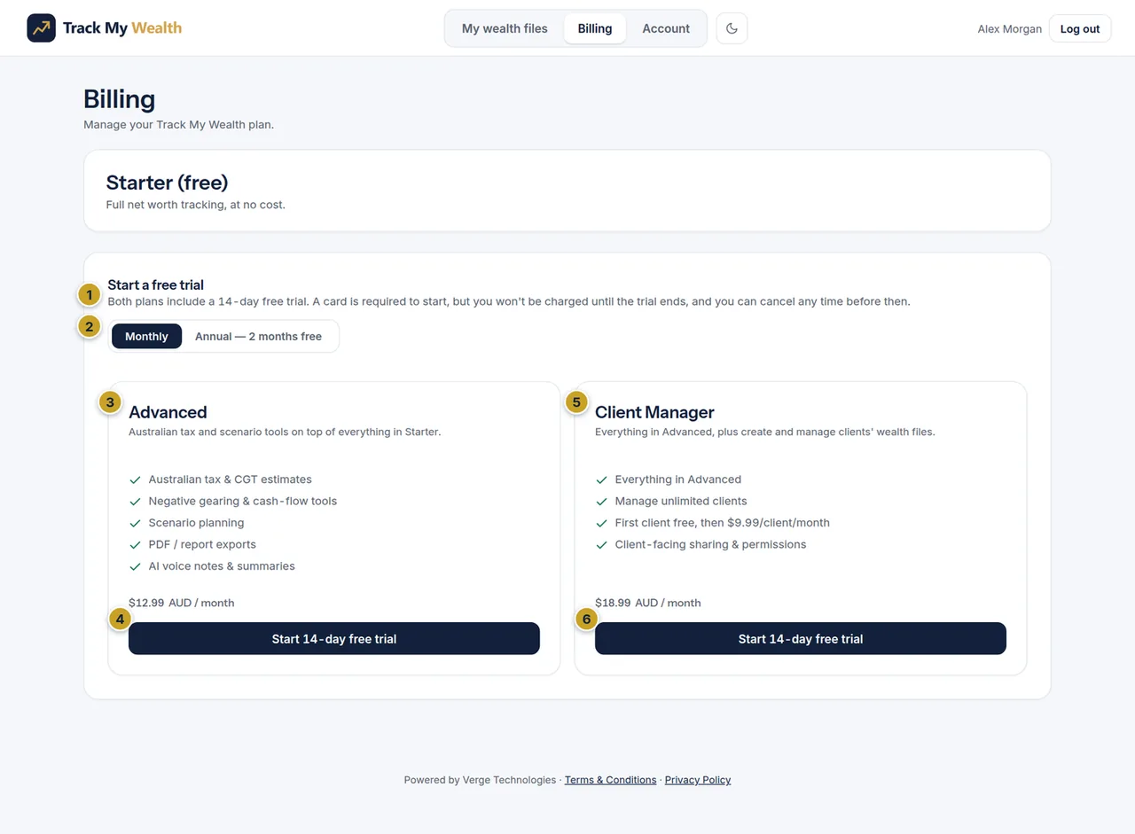 The Billing page for a Starter account showing the Advanced and Client Manager plans, the Monthly and Annual toggle and the 14-day free trial buttons.
