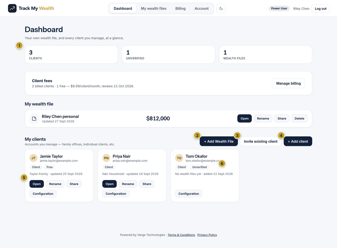 The Clients page for an adviser showing summary counts, a personal wealth file, client tiles for Jamie Taylor, Priya Nair and Tom Okafor, and the Add wealth file and Add client buttons.