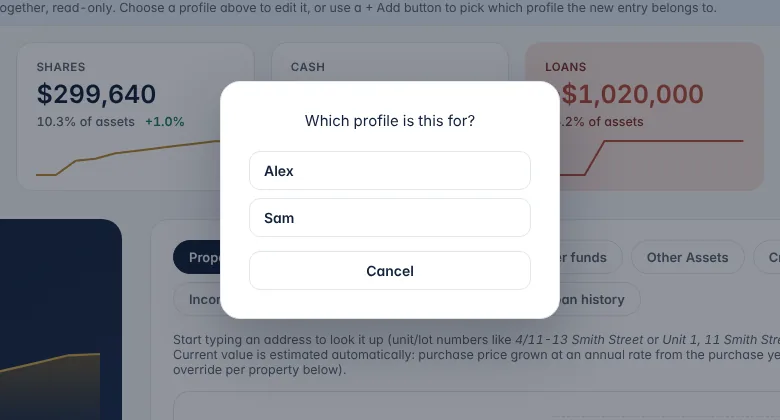 The dialog that asks which profile a new entry should be added to.