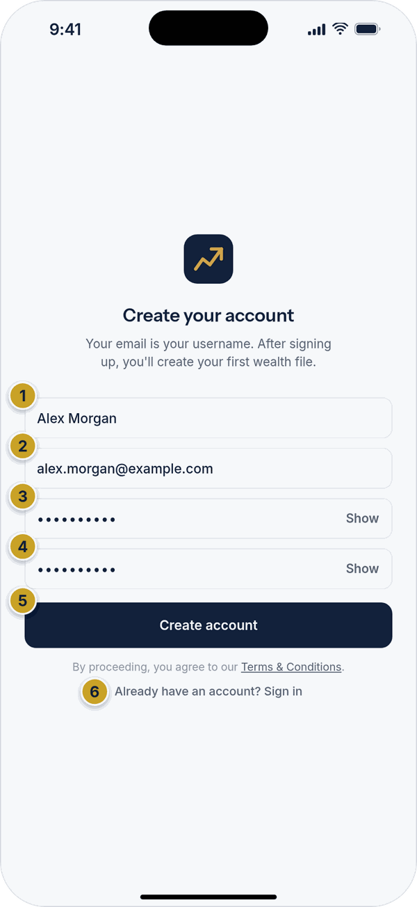 The Create your account screen with name, email, password and confirm password fields.
