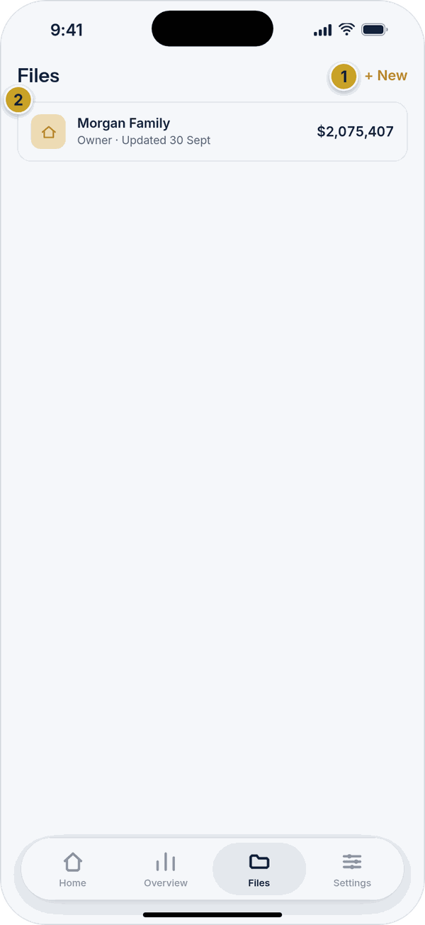 The Files tab listing wealth files with a New button.