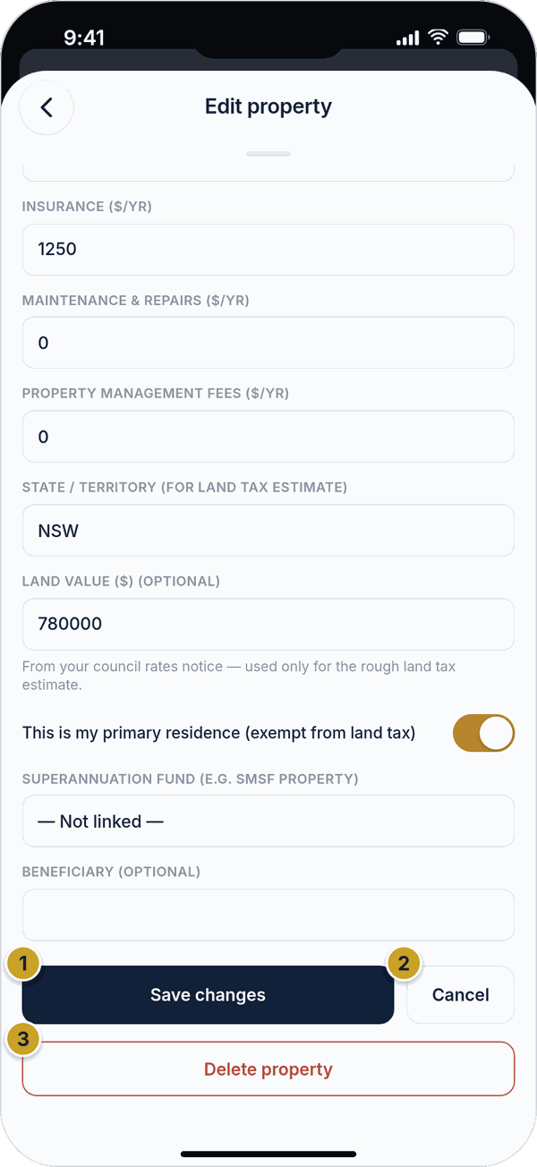 The Edit property form with Save changes, Cancel and Delete property buttons.