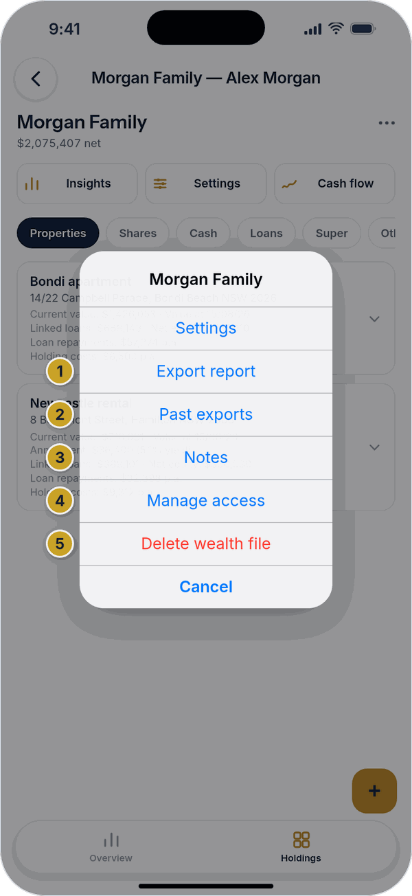 The file menu listing Settings, Export report, Past exports, Notes, Manage access, Delete wealth file and Cancel.
