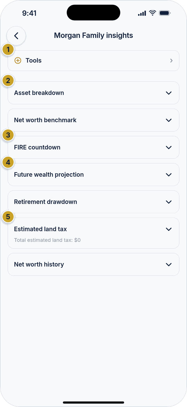 The Insights screen with a Tools button and cards for asset breakdown, benchmark, FIRE countdown, future wealth projection, retirement drawdown and land tax.