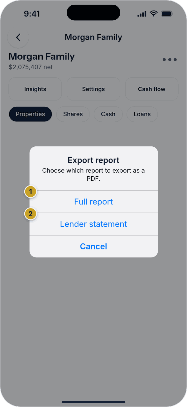 The Export report chooser with Full report, Lender statement and Cancel.