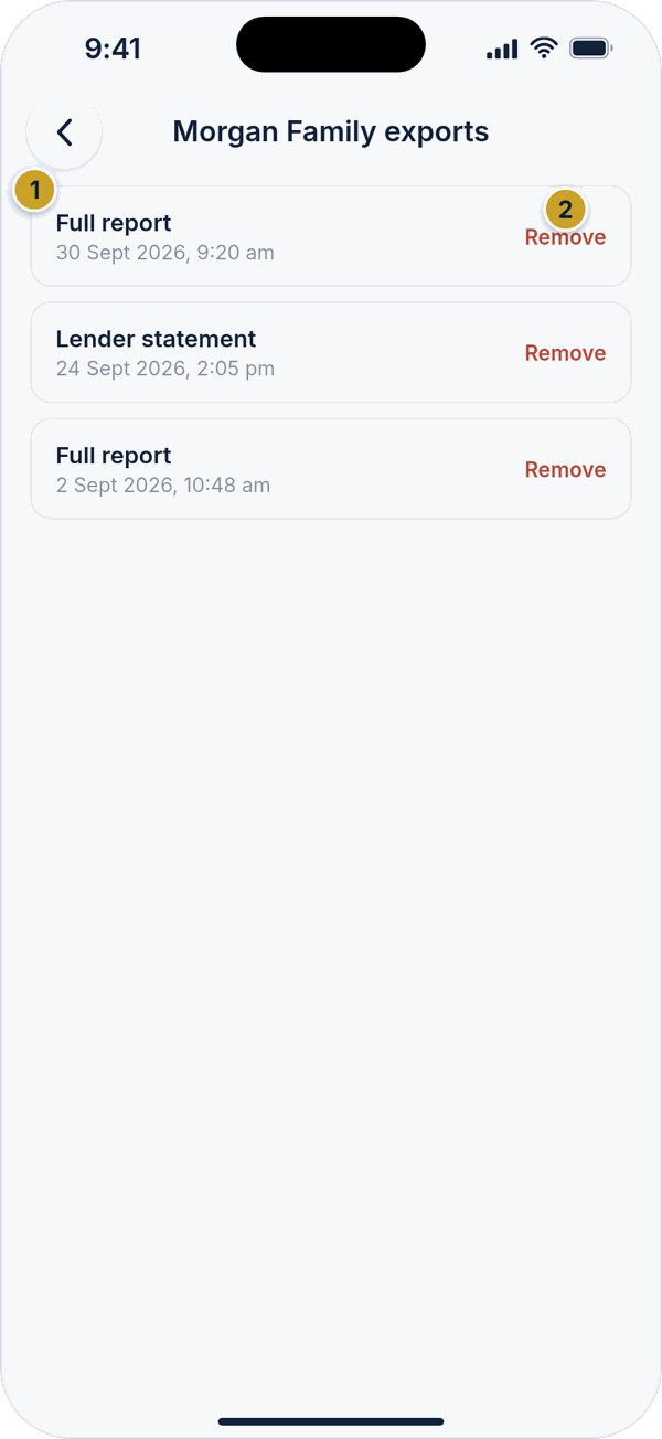 The Past exports list with saved reports and a Remove button on each.