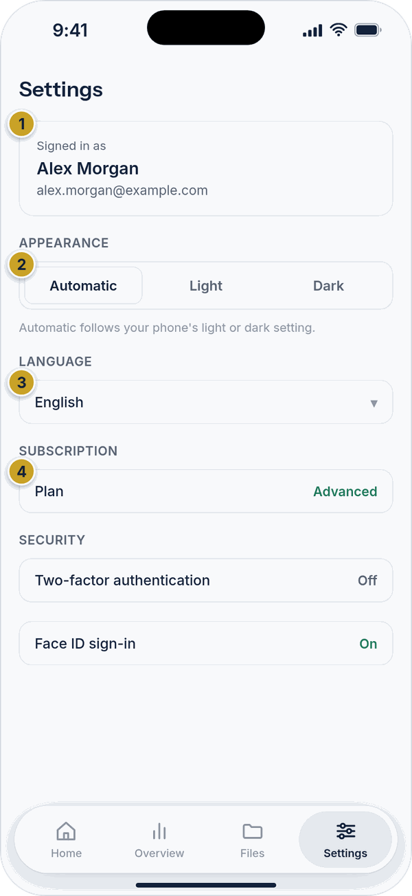 The top of the Settings tab with the signed-in card, appearance options, a language row and the plan row.