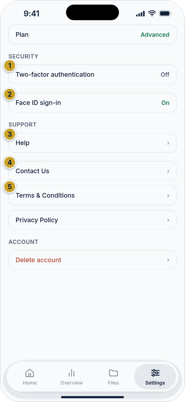 The Security and Support sections of Settings.