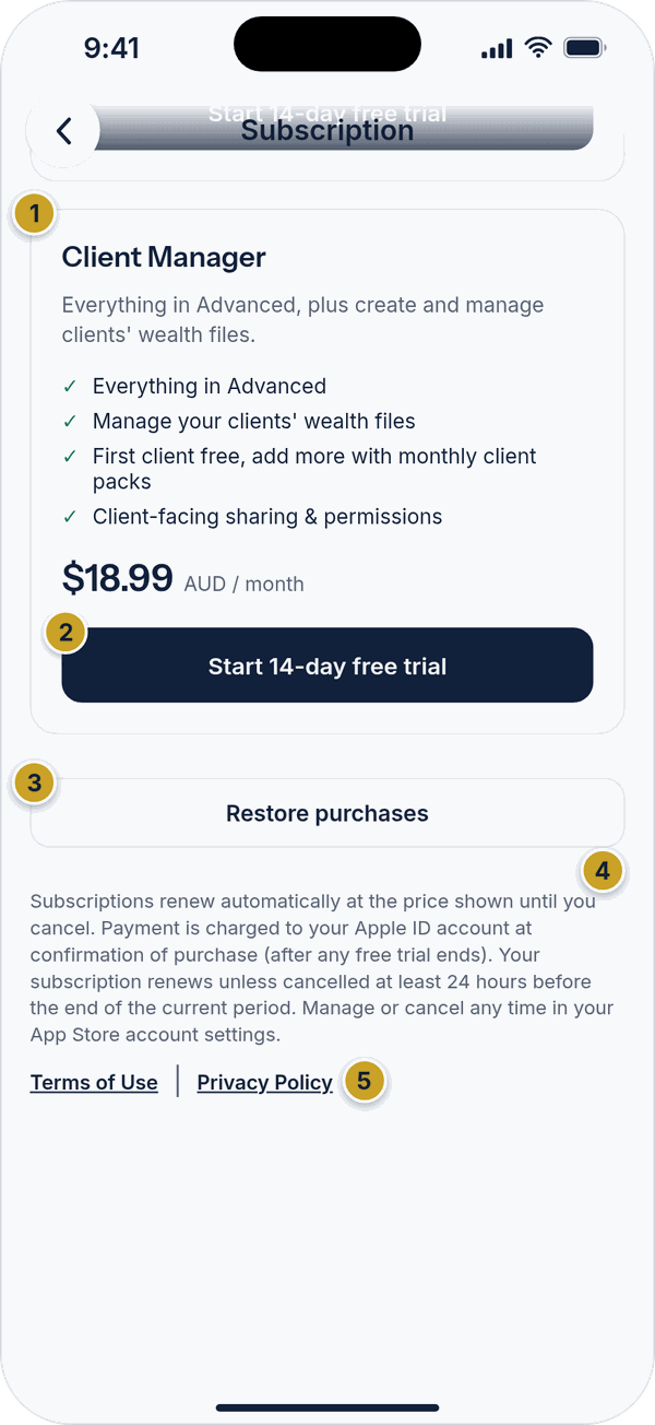 The Client Manager plan card with a Start 14-day free trial button, Restore purchases and the auto-renewal notice.