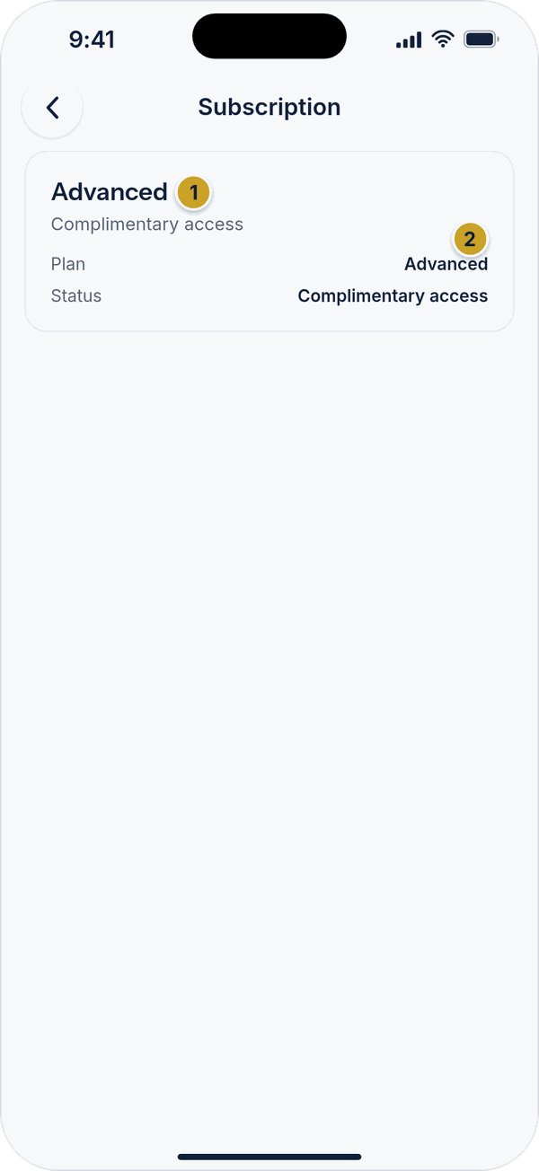 The subscription screen for an account with complimentary access.