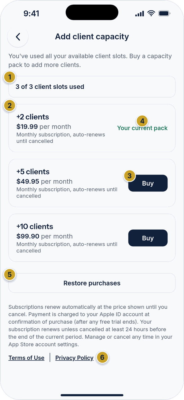 The Add client capacity screen with slots used, three capacity packs with monthly prices, a Buy button, Restore purchases and the renewal notice.