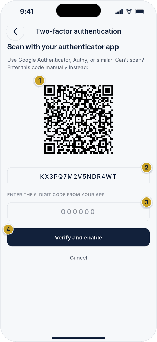 The two-factor setup screen with a QR code, a manual code, a field for the 6-digit code and a Verify and enable button.