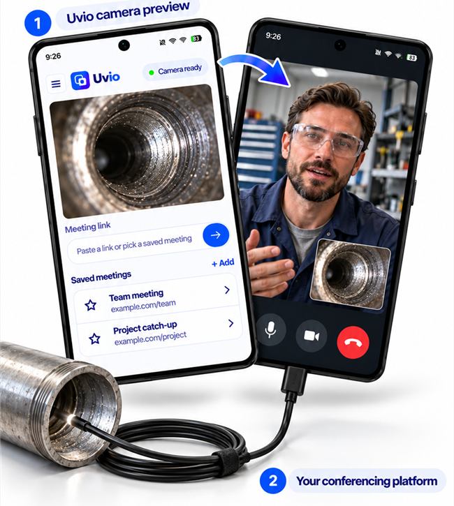 Uvio borescope inspection preview alongside a man on a video call, showing the same inspection feed