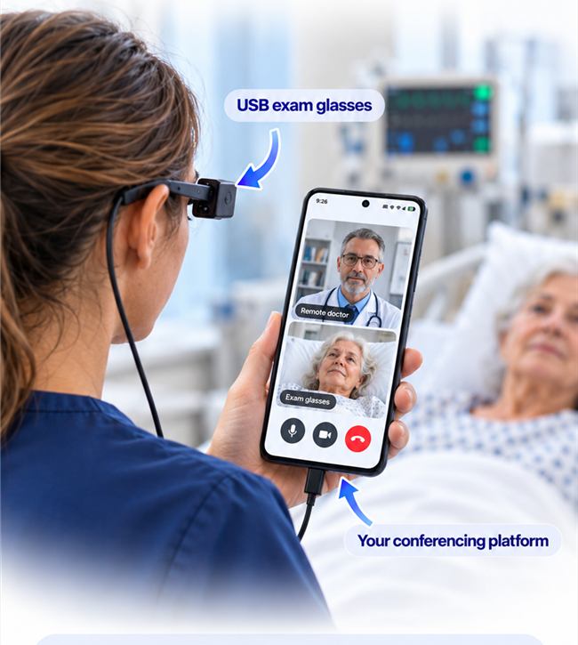 Nurse seen from behind wearing USB examination glasses, with a blurred patient ahead and a remote doctor on one Android phone